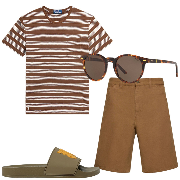 Outfit uomo - In vacanza. Stile Casual per Mare. Abbinamento con occhiali da sole, t-shirt, shorts, sandali.
