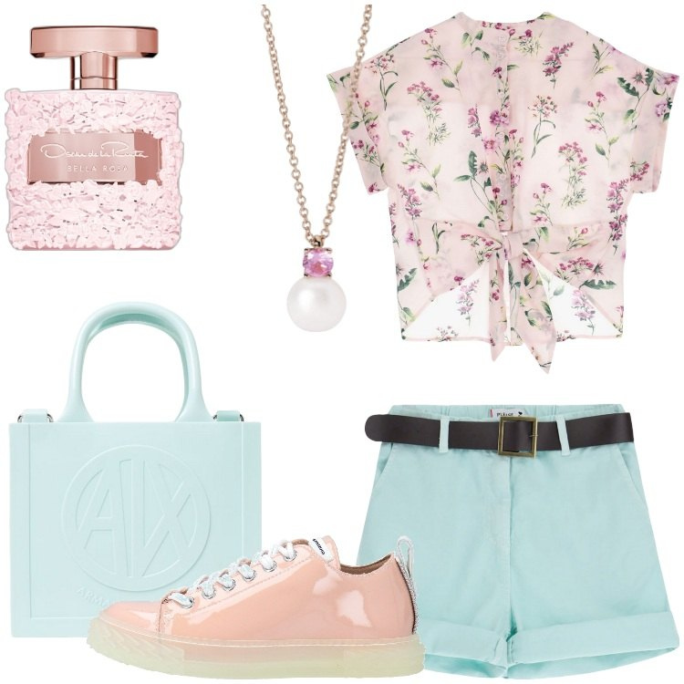 Outfit donna - Pastelli romantici. Stile Romantica per Tutti i giorni. Abbinamento con sneakers, profumi, collane, shorts, camicie a manica corta, borse a mano.