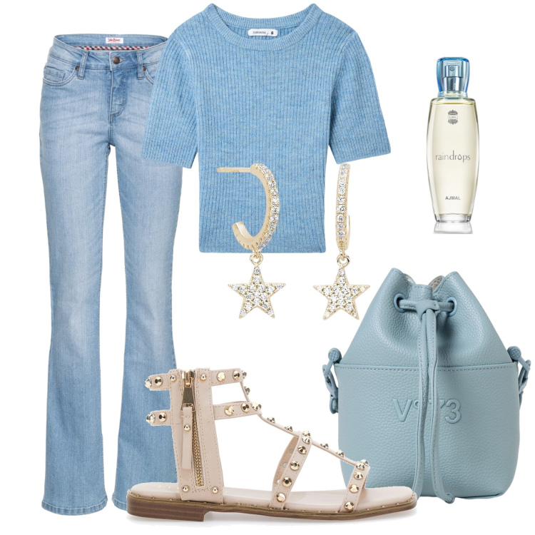 Outfit donna - La t-shirt a costine. Stile Preppy per Tutti i giorni. Abbinamento con jeans bootcut, profumi, t-shirt, orecchini, sandali, borse a spalla.