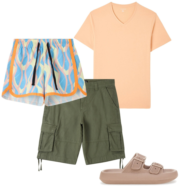Outfit uomo - Sea time. Stile Casual per Mare. Abbinamento con costumi, t-shirt, pantaloni corti, sandali.