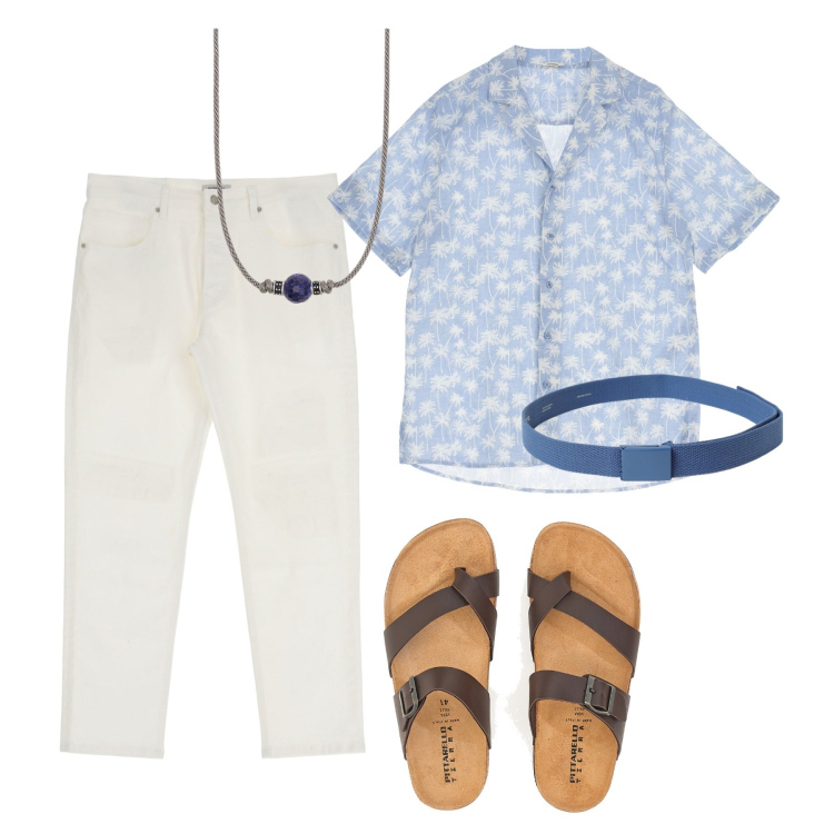 Outfit uomo - Il blu del mare. Stile Casual per Tutti i giorni. Abbinamento con pantaloni, camicie a manica corta, collane, cinture, sandali.
