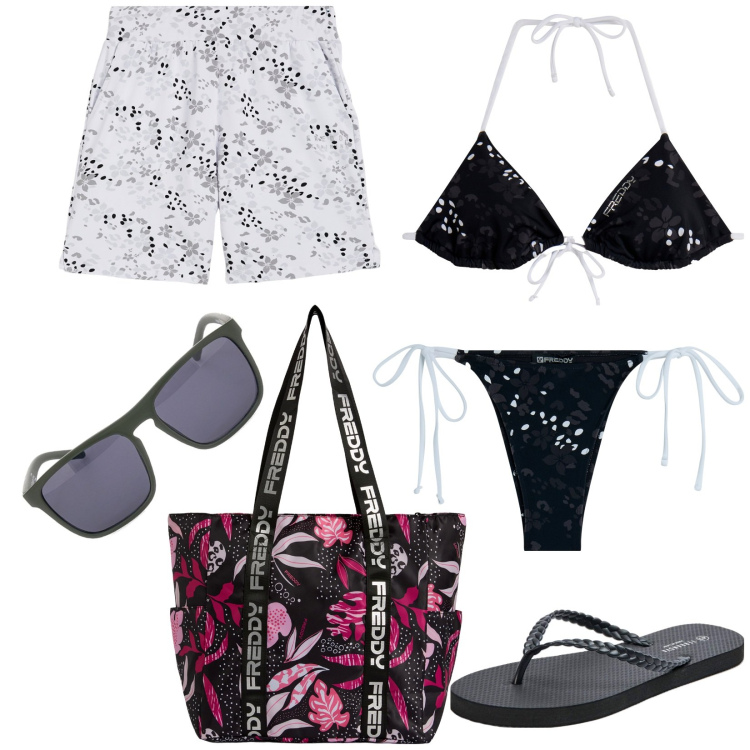Outfit donna - Accessori estivi. Stile Basic per Mare. Abbinamento con infradito, bikini, shopping bag, bikini, pantaloni corti, occhiali da sole.