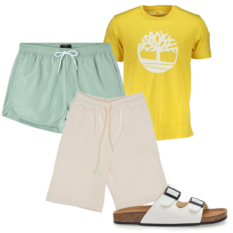Outfit uomo - Chiaro sole. Stile Casual per Mare. Abbinamento con costumi, t-shirt, pantaloni, sandali.