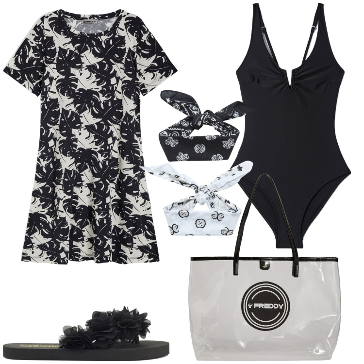 Outfit donna - In spiaggia con stile. Stile Basic per Mare. Abbinamento con fasce per capelli, costumi interi, shopping bag, vestiti, infradito.
