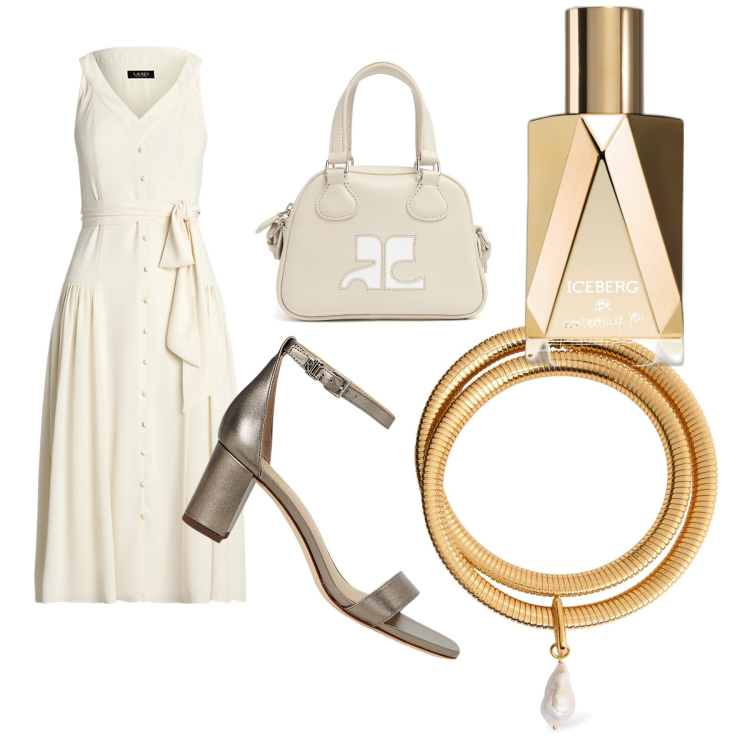 Outfit donna - Color crema. Stile Chic per Serata fuori. Abbinamento con profumi, sandali in pelle, vestiti senza maniche, collane, borse a mano.