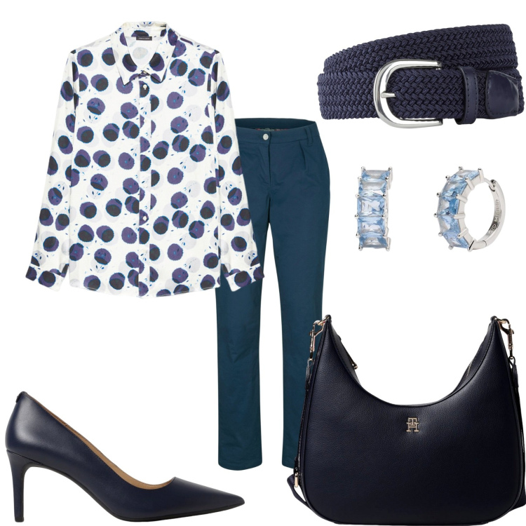 Outfit donna - Ritorno in ufficio. Stile Glamour per Ufficio. Abbinamento con pantaloni, cinture, orecchini, camicie, décolleté, borse a spalla.