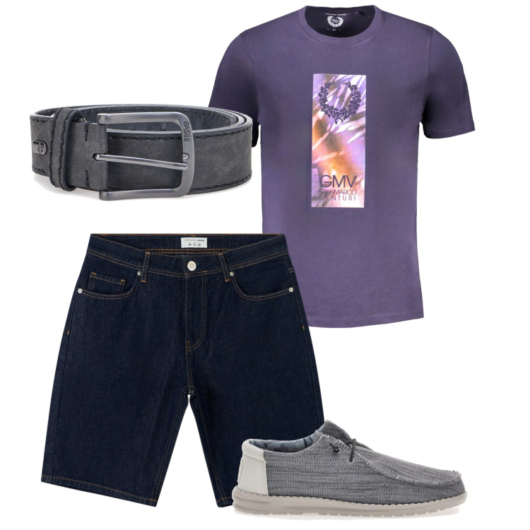 Outfit uomo - Serata in città. Stile Urban per Tutti i giorni. Abbinamento con bermuda, cinture, scarpe stringate, t-shirt.
