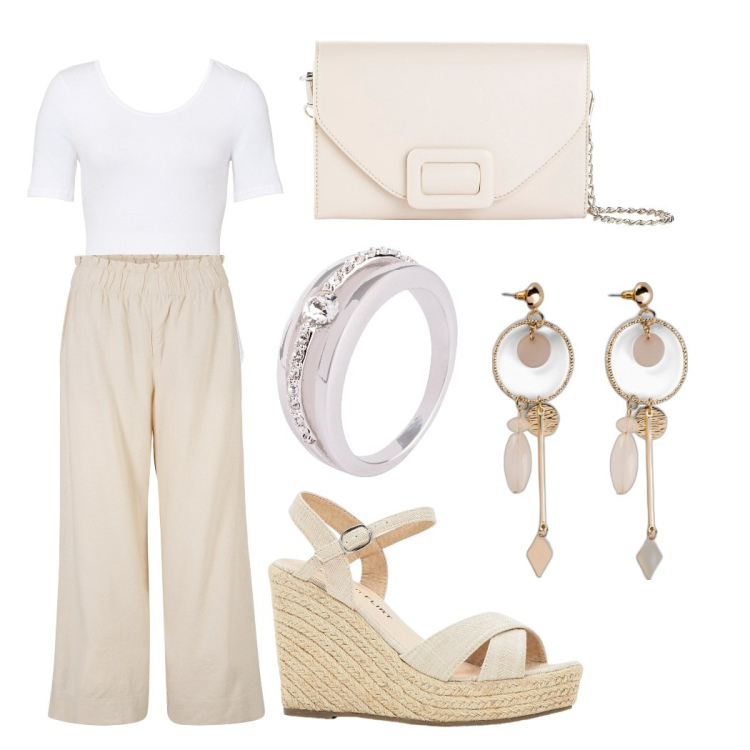 Outfit donna - Una serata in barca. Stile Basic per Serata fuori. Abbinamento con pantaloni culotte, body, anelli, sandali, orecchini, pochette.