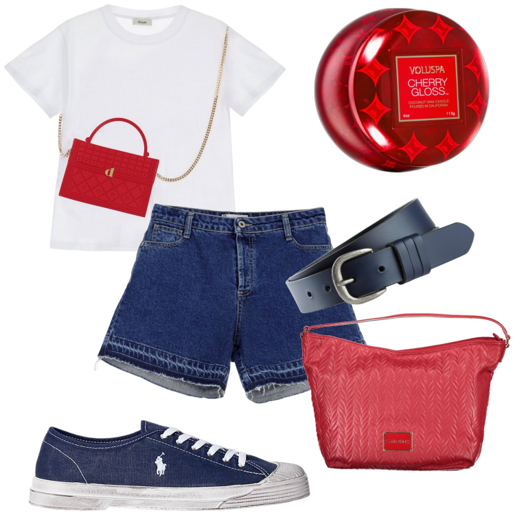 Outfit donna - Trompe l\'oeil. Stile Casual per Tutti i giorni. Abbinamento con cinture, gloss, shorts, t-shirt, sneakers, pochette.