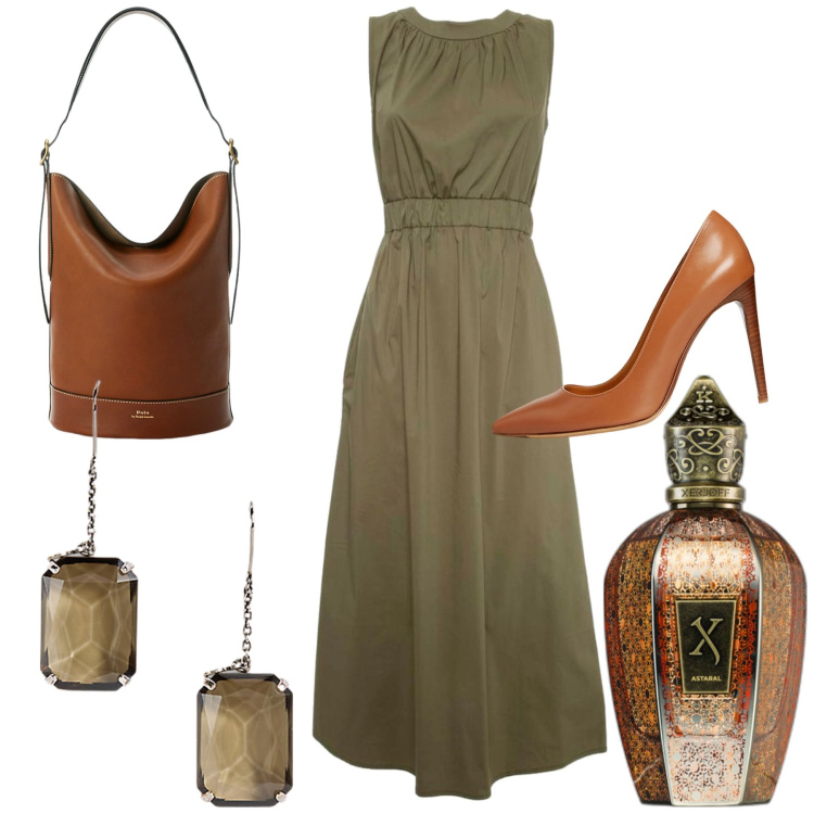 Outfit donna - L\'ufficio in estate. Stile Glamour per Ufficio. Abbinamento con profumi, borse a secchiello, orecchini, décolleté, vestiti lunghi.