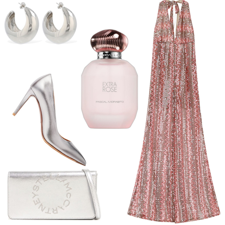 Outfit donna - La tuta lurex. Stile Chic per Cerimonia. Abbinamento con profumi, tute, décolleté, orecchini, borse a spalla.