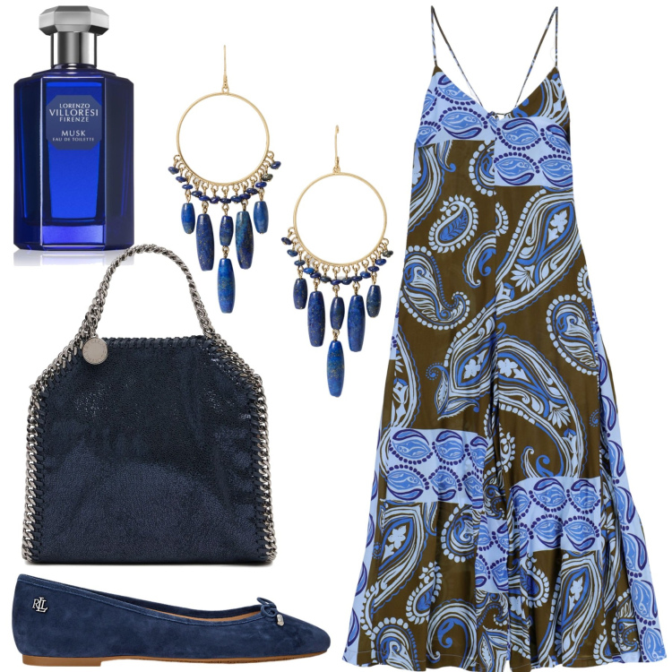 Outfit donna - Fantasia estiva. Stile Boho per Tutti i giorni. Abbinamento con profumi, ballerine, orecchini, tute, borse a mano.