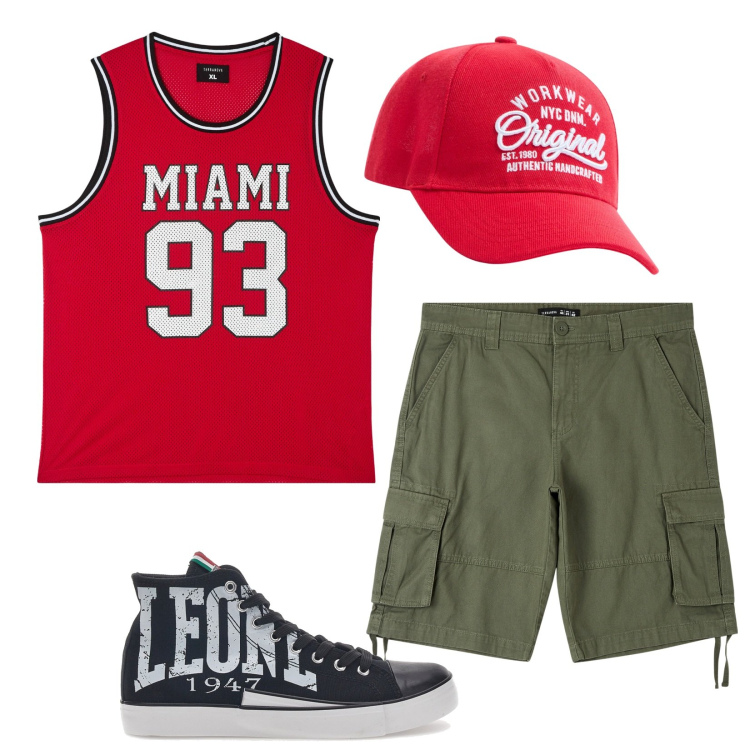 Outfit uomo - Urban Summer. Stile Urban per Tutti i giorni. Abbinamento con cappelli, pantaloni corti, canottiere, sneakers.