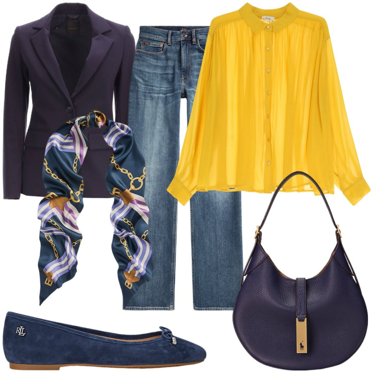Outfit donna - Total look #1932424. Stile Bon Ton per Ufficio. Abbinamento con camicie, borse a spalla, jeans dritti, sciarpe, ballerine, blazer.