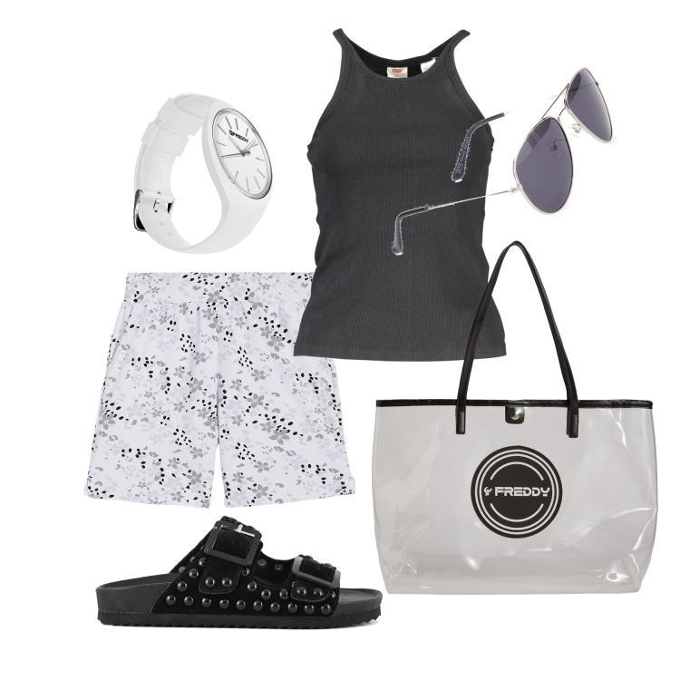 Outfit donna - Ghost outfitter - agosto. Stile Casual per Tutti i giorni. Abbinamento con shopping bag, pantaloni corti, orologi, camicie, sandali, occhiali da sole.