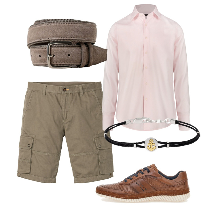 Outfit uomo - Toni delicati. Stile Casual per Serata speciale. Abbinamento con bermuda, braccialetti, camicie, scarpe stringate, cinture.