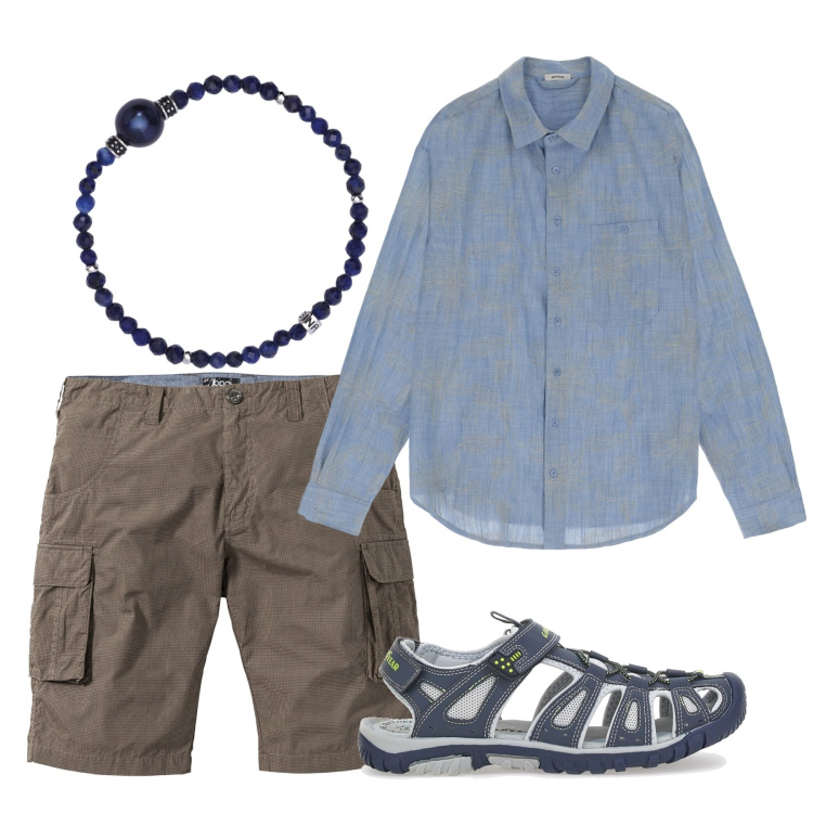 Outfit uomo - Vacanziero. Stile Urban per Tutti i giorni. Abbinamento con bermuda, braccialetti, camicie, sandali.