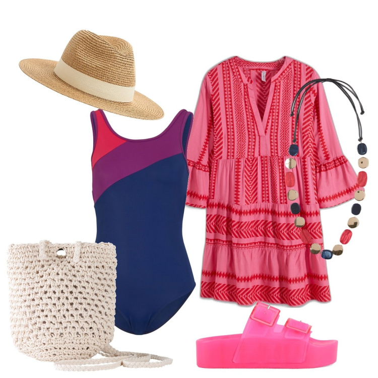 Outfit donna - Stile boho in spiaggia. Stile Boho per Mare. Abbinamento con costumi interi, vestiti corti, borse a tracolla, cappelli, sandali, collane.