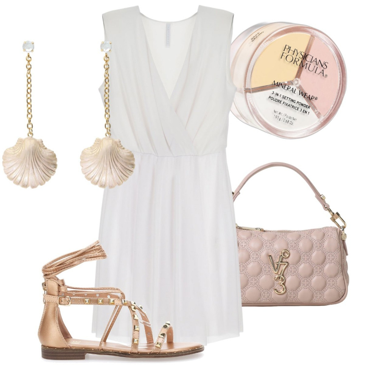 Outfit donna - Stile Roma antica. Stile Bon Ton per Serata fuori. Abbinamento con ciprie, vestiti corti, orecchini, borse a mano, sandali alla schiava.