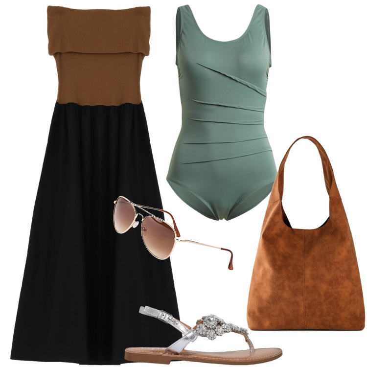 Outfit donna - Il costume verde salvia. Stile Bon Ton per Mare. Abbinamento con costumi interi, occhiali da sole, shopping bag, vestiti lunghi, sandali.