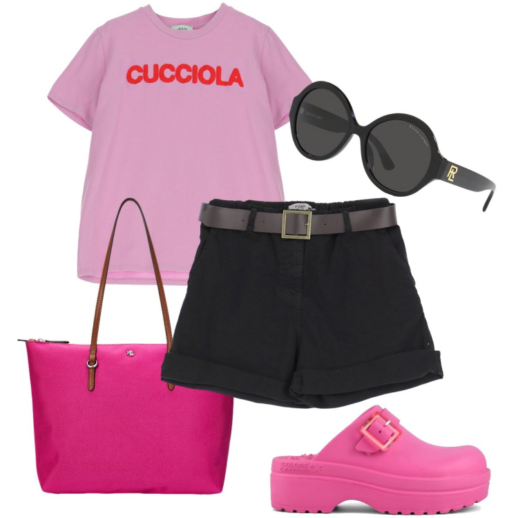 Outfit donna - Fucsia time. Stile Preppy per Tutti i giorni. Abbinamento con shorts, t-shirt, occhiali da sole, borse tote, sandali.