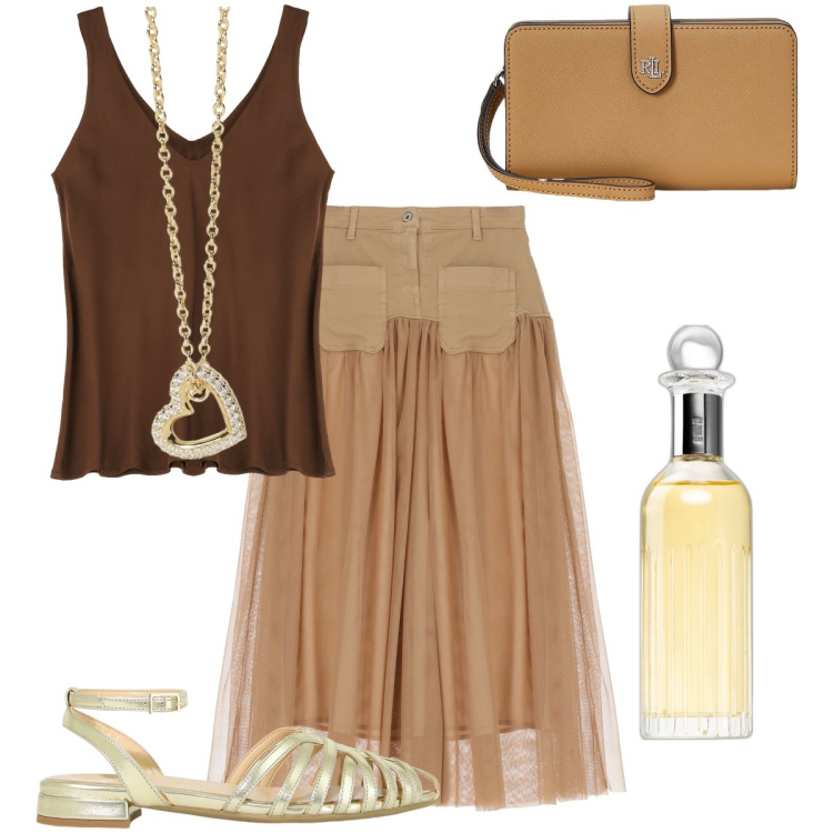 Outfit donna - La gonna con tulle e denim. Stile Trendy per Serata fuori. Abbinamento con profumi, collane, gonne lunghe, canottiere, sandali in pelle, pochette.