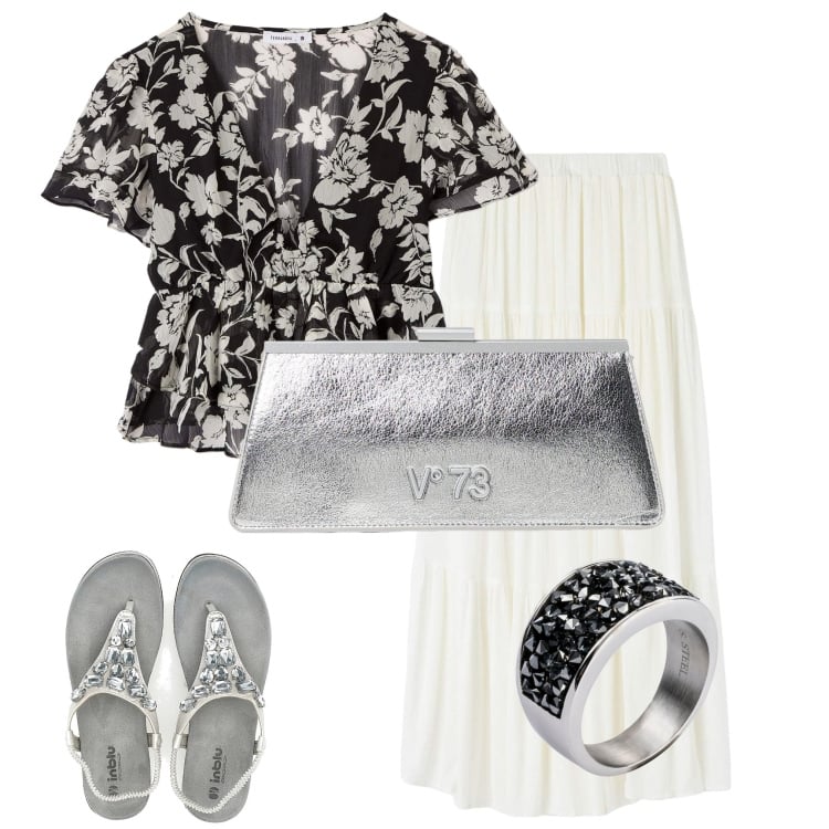 Outfit donna - Boho chic. Stile Boho per Serata fuori. Abbinamento con anelli, bluse, gonne lunghe, clutch, sandali.