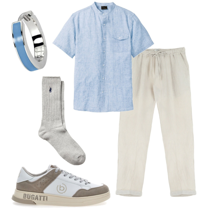 Outfit uomo - Tutti a colazione in pasticceria. Stile Trendy per Tutti i giorni. Abbinamento con camicie a manica corta, orecchini, pantaloni, calzini, sneakers.