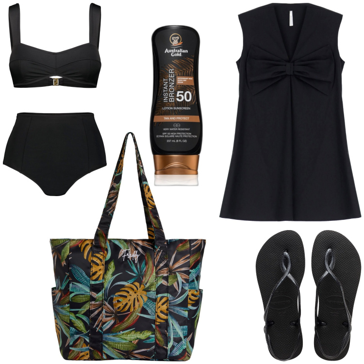 Outfit donna - Spiaggia basic. Stile Basic per Mare. Abbinamento con terre, vestiti corti, shopping bag, bikini, sandali.