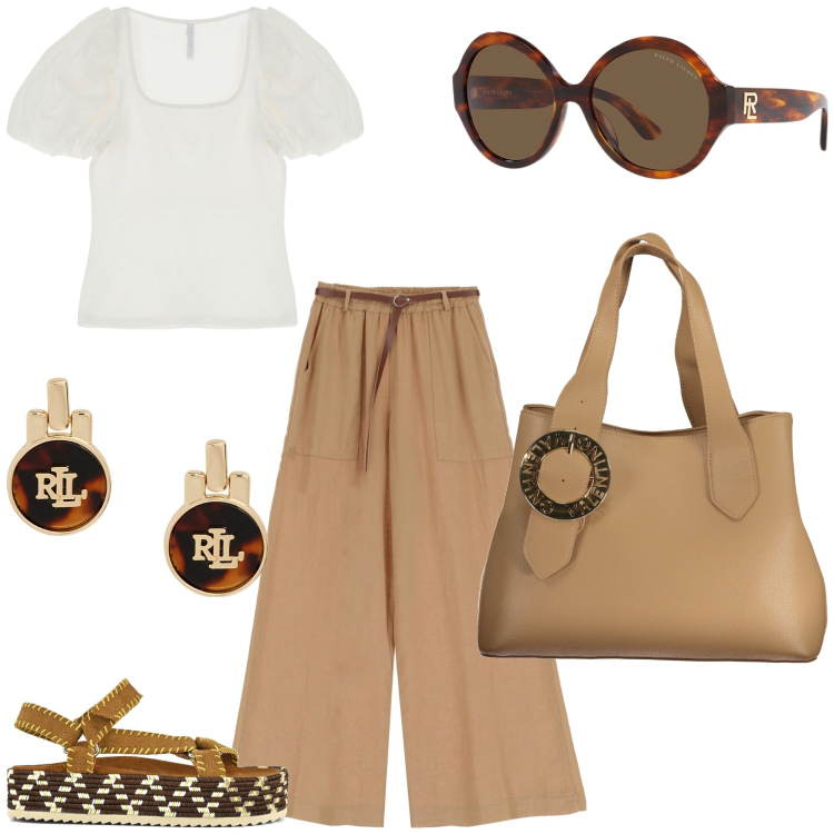 Outfit donna - Io mi sento trendy. Stile Trendy per Tutti i giorni. Abbinamento con pantaloni a palazzo, t-shirt, orecchini, occhiali da sole, sandali, borse a spalla.
