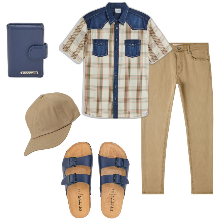 Outfit uomo - Vacanza in città. Stile Trendy per Tutti i giorni. Abbinamento con pantaloni skinny, camicie a manica corta, sandali, portafogli, cappelli.