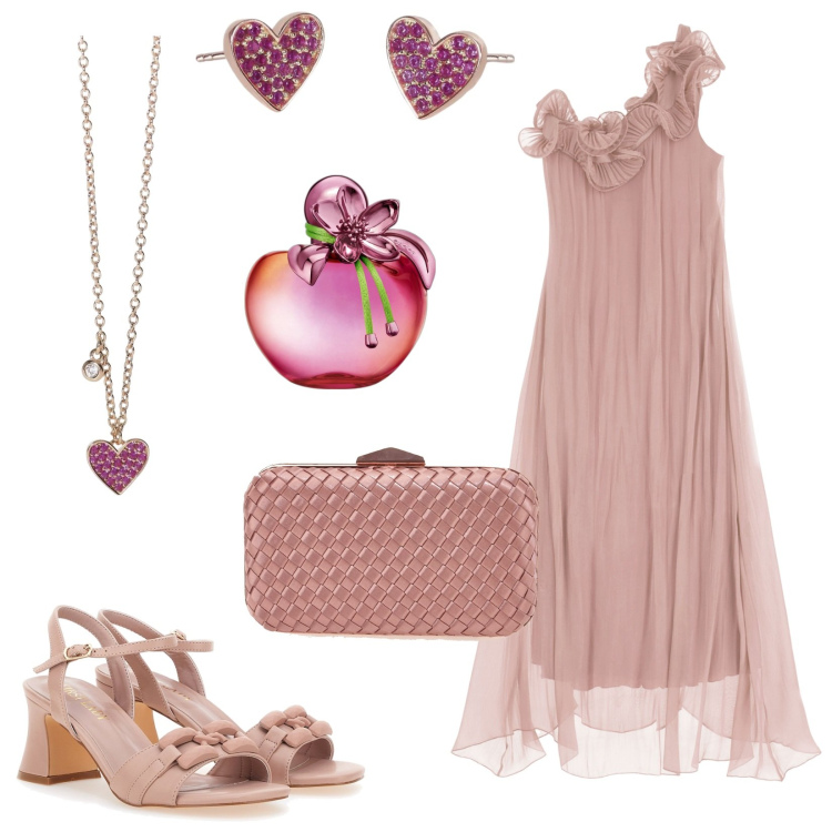 Outfit donna - Prima damigella della sposa d\'agosto. Stile Chic per Cerimonia. Abbinamento con profumi, orecchini, collane, vestiti lunghi, sandali, pochette.