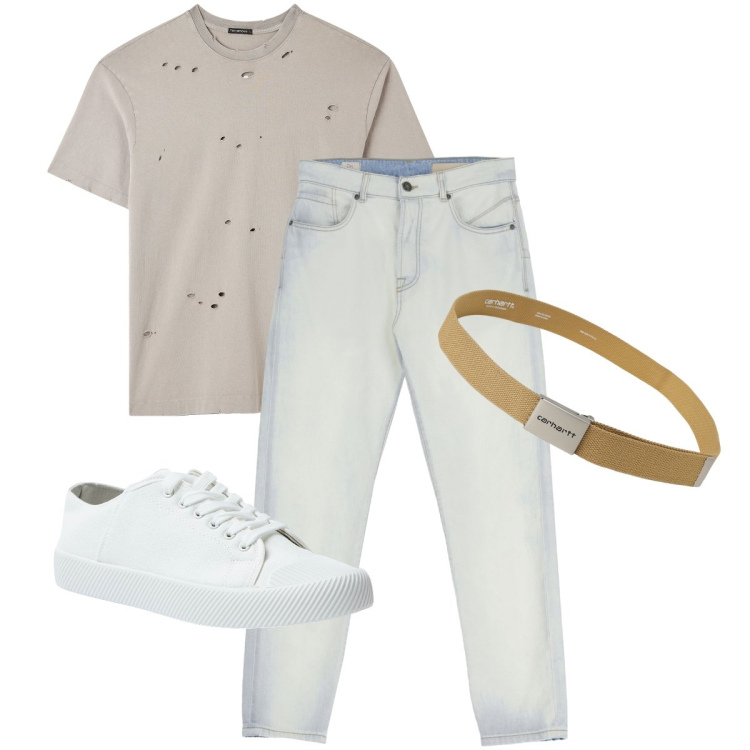 Outfit uomo - Buchi sulla t-shirt. Stile Urban per Tutti i giorni. Abbinamento con t-shirt, sneakers, jeans slim fit, cinture.