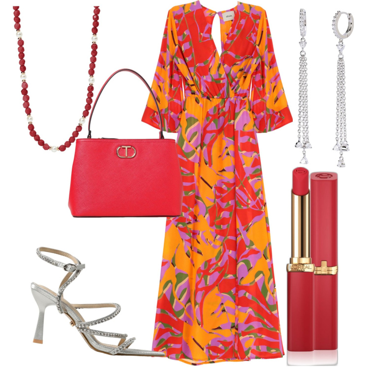 Outfit donna - Iper femminile. Stile Glamour per Serata fuori. Abbinamento con rossetti, collane, orecchini, vestiti lunghi, sandali col tacco, borse a spalla.