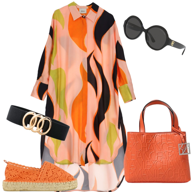 Outfit donna - Abito multicolor. Stile Urban per Tutti i giorni. Abbinamento con cinture, vestiti asimmetrici, occhiali da sole, borse a mano, espadrillas.