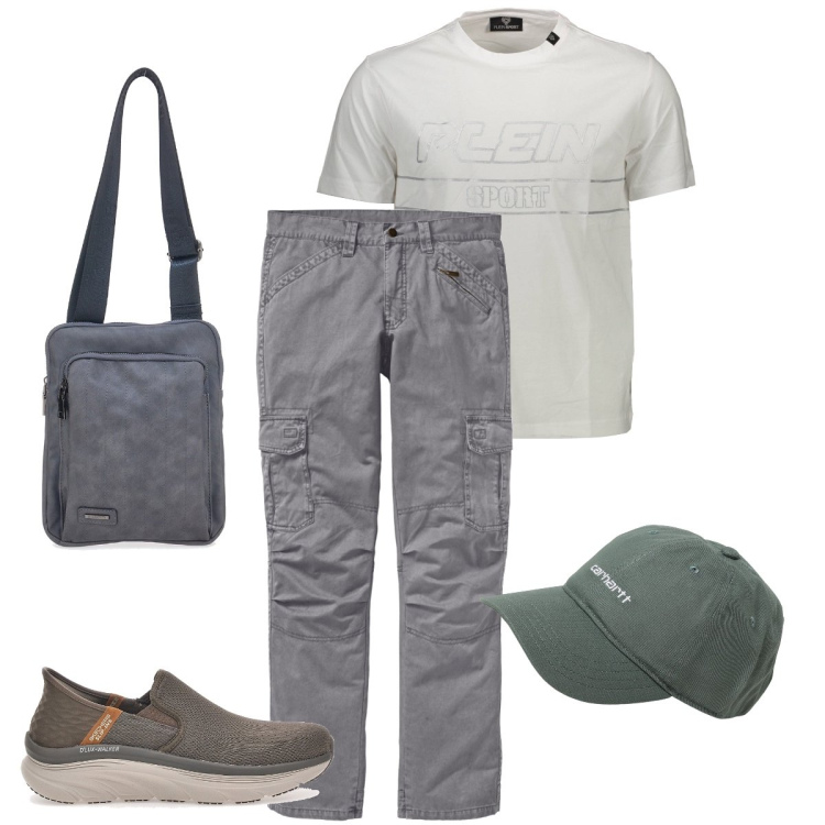 Outfit uomo - Commissioni varie. Stile Casual per Tutti i giorni. Abbinamento con pantaloni cargo, portafogli, sneakers, t-shirt, cappelli.