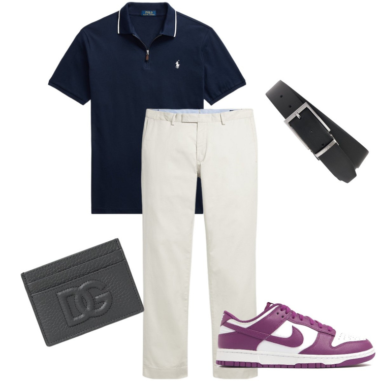 Outfit uomo - La polo nera. Stile Urban per Ufficio. Abbinamento con pantaloni chino, polo, sneakers, portafogli, cinture.