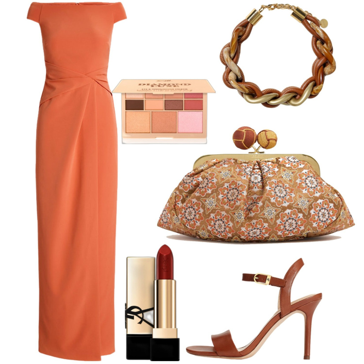 Outfit donna - In lungo. Stile Chic per Cerimonia. Abbinamento con rossetti, ombretti, vestiti lunghi, sandali in pelle, pochette, collane.