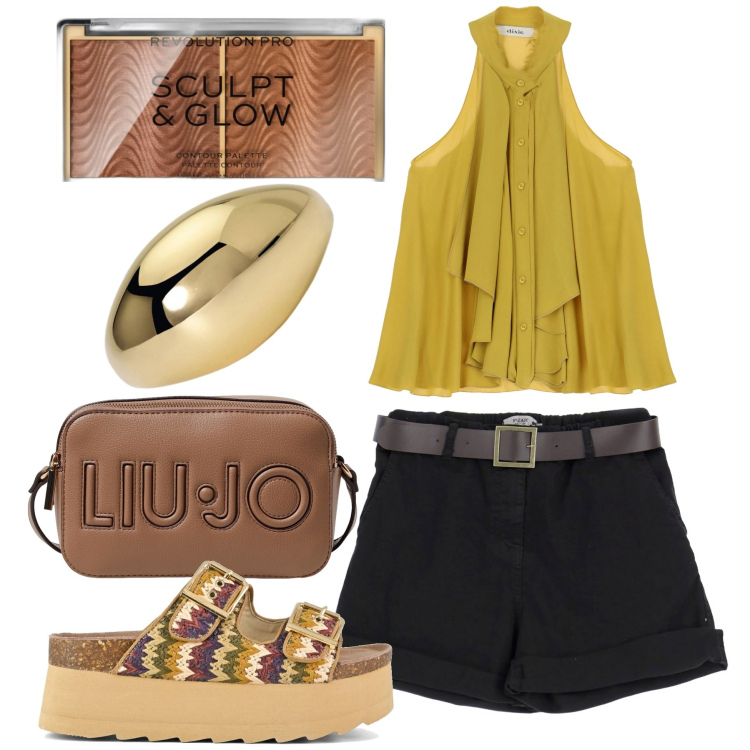 Outfit donna - Agosto 2024. Stile Glamour per Tutti i giorni. Abbinamento con blush, shorts, anelli, top, borse a tracolla, zeppe.