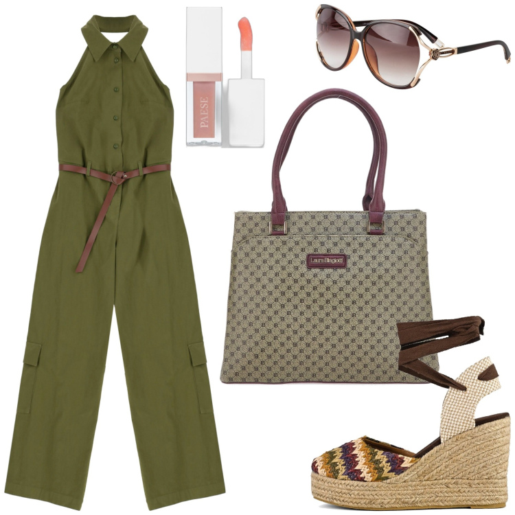 Outfit donna - Un velo di gloss. Stile Trendy per Tutti i giorni. Abbinamento con occhiali da sole, gloss, tute, sandali col tacco, borse a mano.