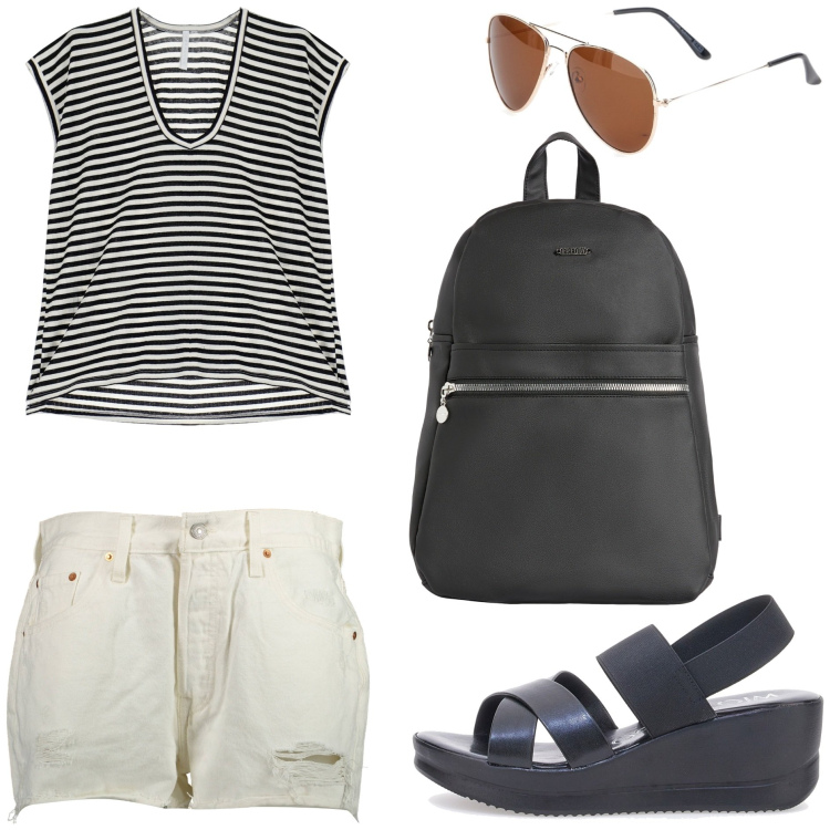 Outfit donna - Zaino in spalla. Stile Basic per Tutti i giorni. Abbinamento con t-shirt, zaini, sandali, jeans strappati, occhiali da sole.
