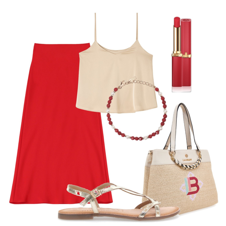 Outfit donna - Senza pensieri, fresca e luminosa. Stile Trendy per Tutti i giorni. Abbinamento con rossetti, top, braccialetti, gonne longuette, sandali in pelle, borse a mano.