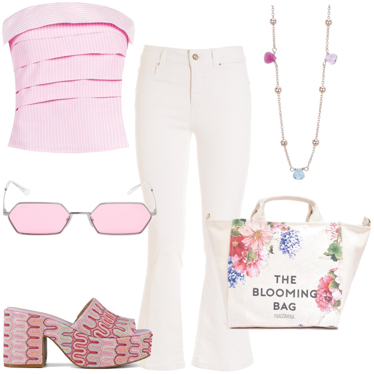 Outfit donna - 70\'s moderno. Stile 70s per Tutti i giorni. Abbinamento con collane, top, borse tote, jeans, sabot, occhiali da sole.