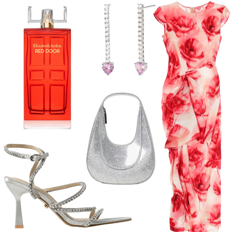 Outfit donna - Cerimonia d\'estate. Stile Chic per Cerimonia. Abbinamento con profumi, orecchini, vestiti lunghi, borse a spalla, sandali col tacco.