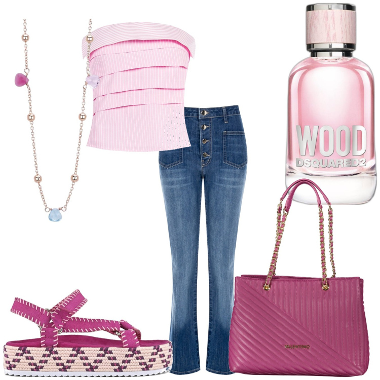 Outfit donna - Toppissima e jeans. Stile Trendy per Tutti i giorni. Abbinamento con profumi, collane, top, jeans a zampa, sandali, borse a spalla.