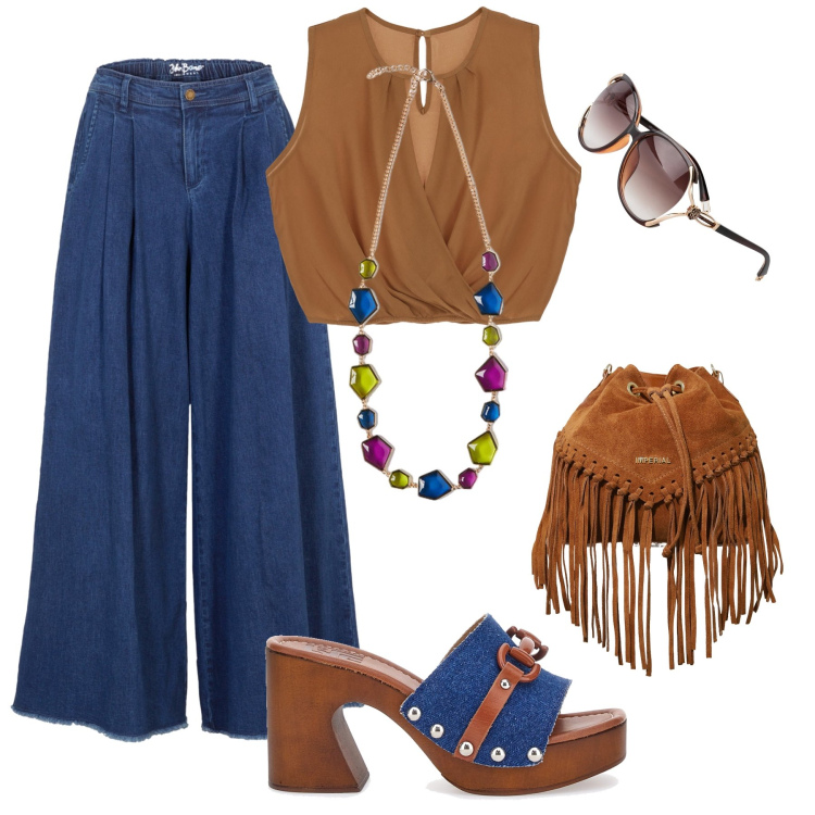 Outfit donna - Gli zoccoli in denim. Stile Boho per Tutti i giorni. Abbinamento con gonne, occhiali da sole, borse a secchiello, top, zoccoli, collane.