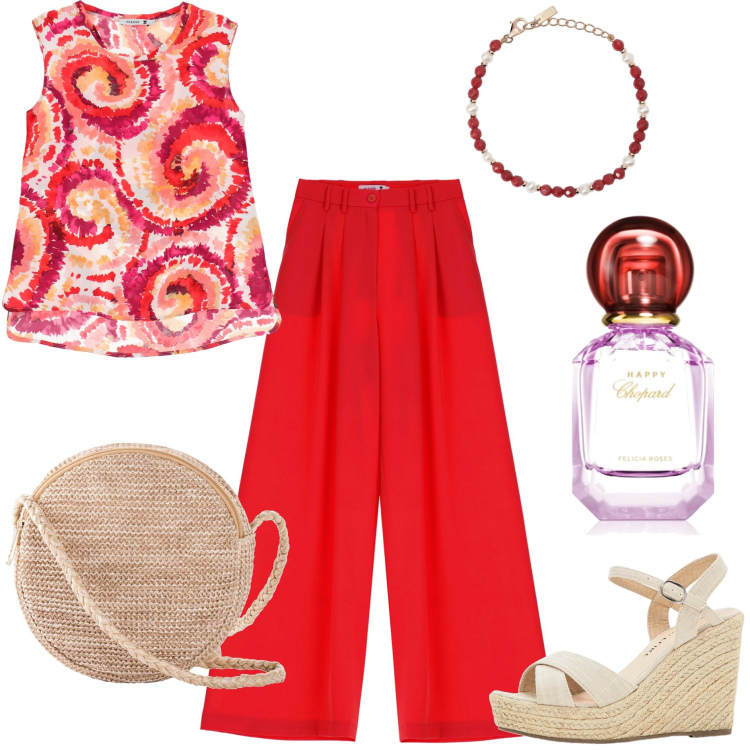 Outfit donna - Pantaloni palazzo e zeppe. Stile Trendy per Tutti i giorni. Abbinamento con borse a tracolla, sandali, profumi, braccialetti, pantaloni a palazzo, canottiere.