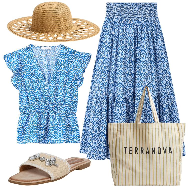 Outfit donna - Il completo bianco e blu. Stile Romantica per Tutti i giorni. Abbinamento con ciabatte, gonne lunghe, bluse, borse tote, cappelli.