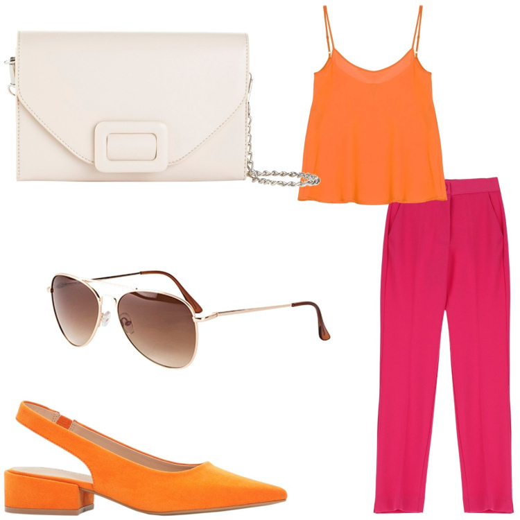 Outfit donna - Total look #1932589. Stile Basic per Tutti i giorni. Abbinamento con décolleté, occhiali da sole, pochette, top, pantaloni.