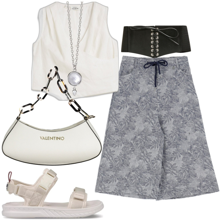 Outfit donna - Total look #1932598. Stile Casual per Tutti i giorni. Abbinamento con top, cinture, collane, bermuda, sandali, borse a spalla.